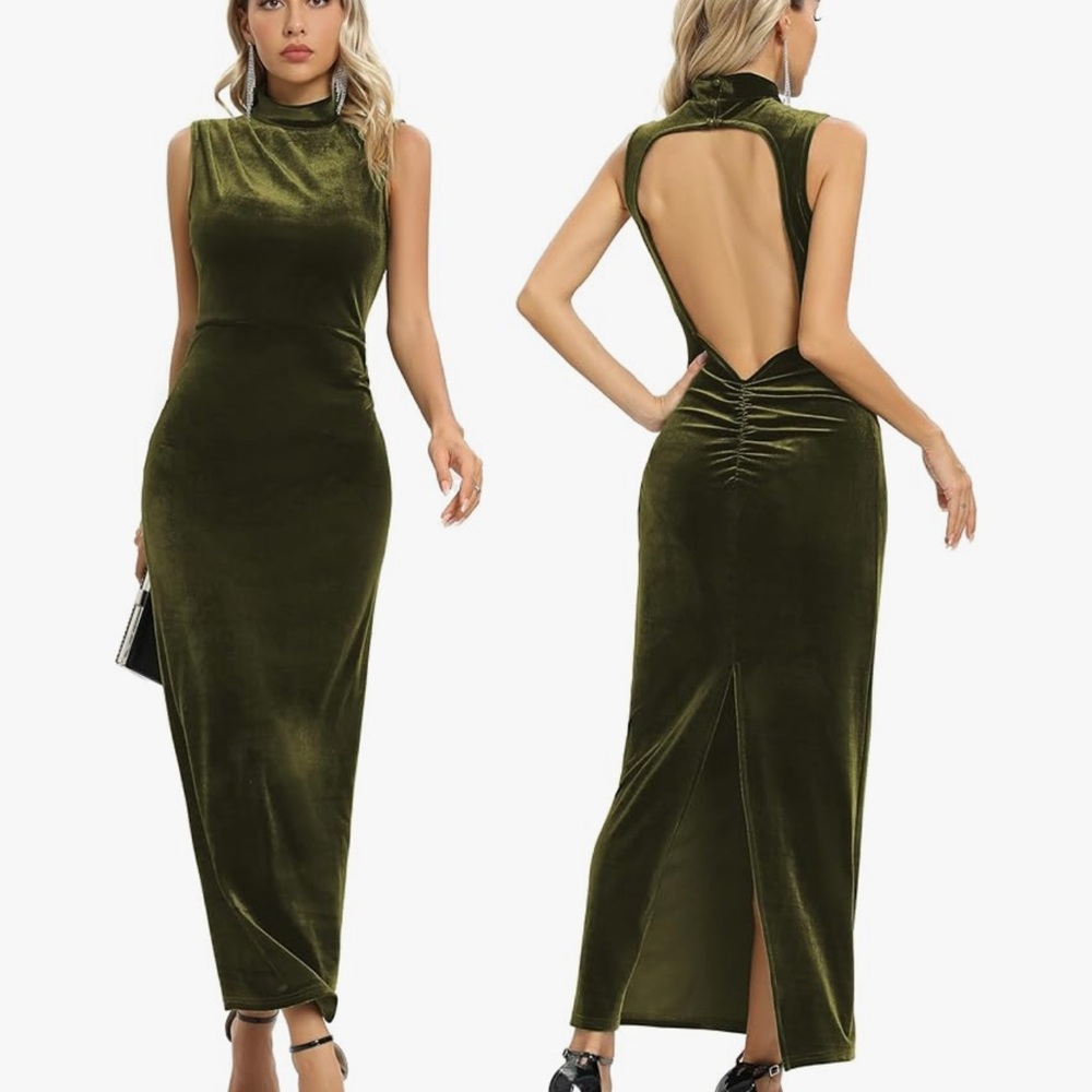 Capuffy Backless Velvet Maxi Dress Back Slit Ruched Bodycon Formal Dress